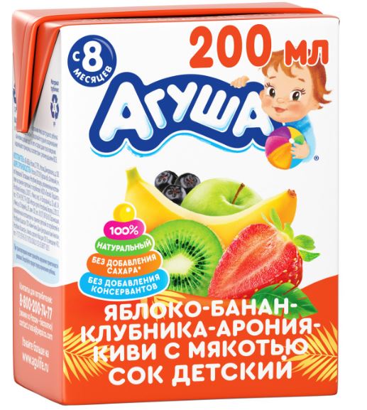 Сок Агуша яблоко/банан/клубника/арония/киви 200мл тба