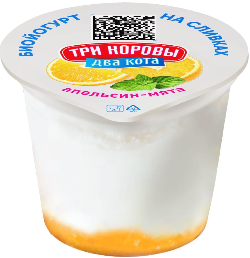 Йогурт 3Коровы 2Кота послойный апельс-мята 6% 125г ст БЗМЖ